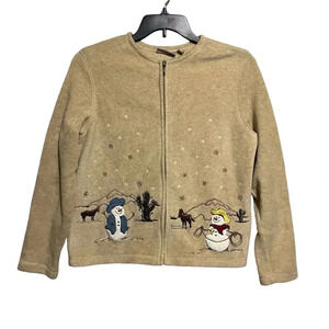 Croft & Barrow Western Snowman Cardigan Cream Fleece Women's Sweater Size Large
